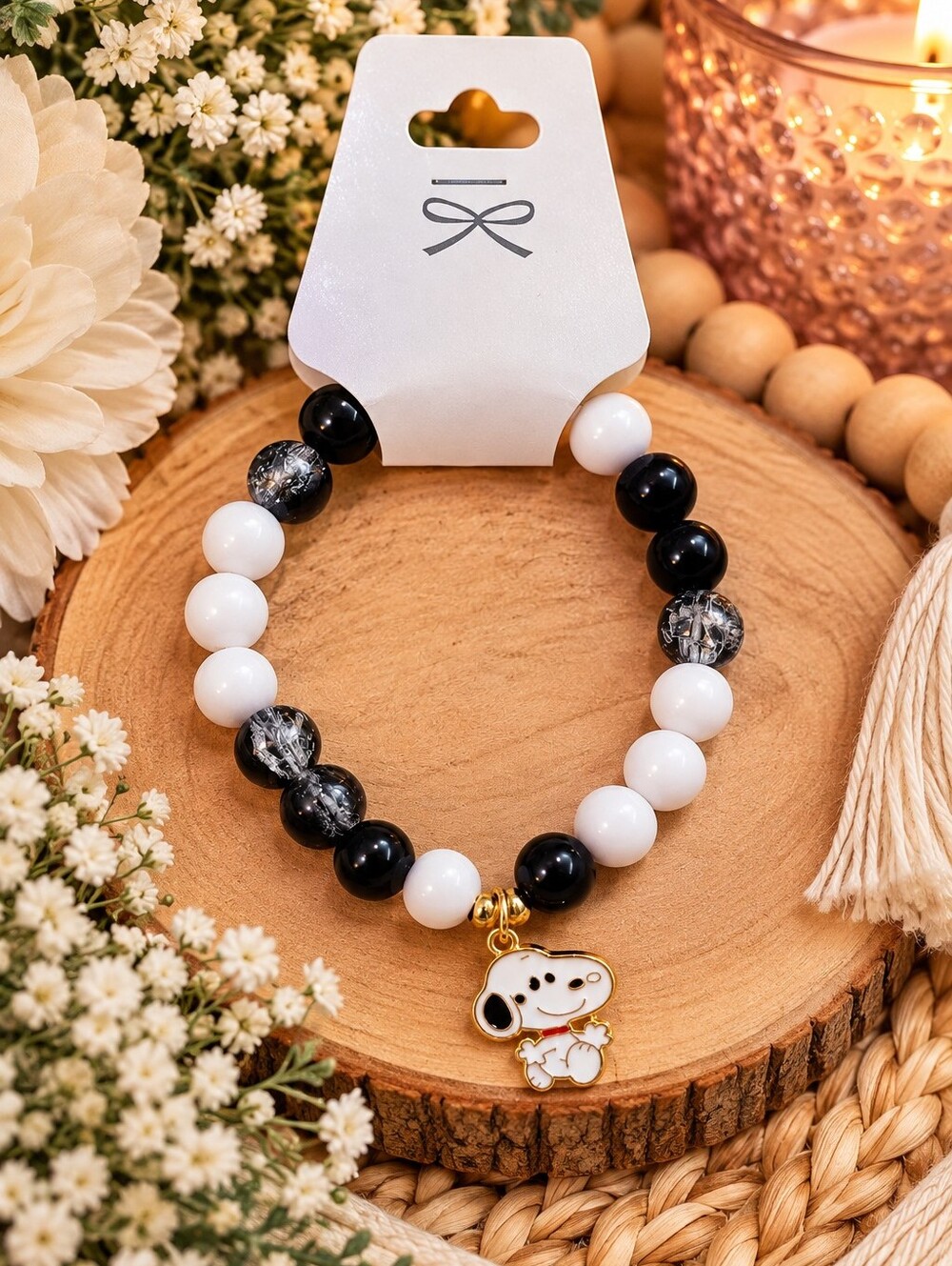 Black & White Beaded Bracelet with Snoopy Charm